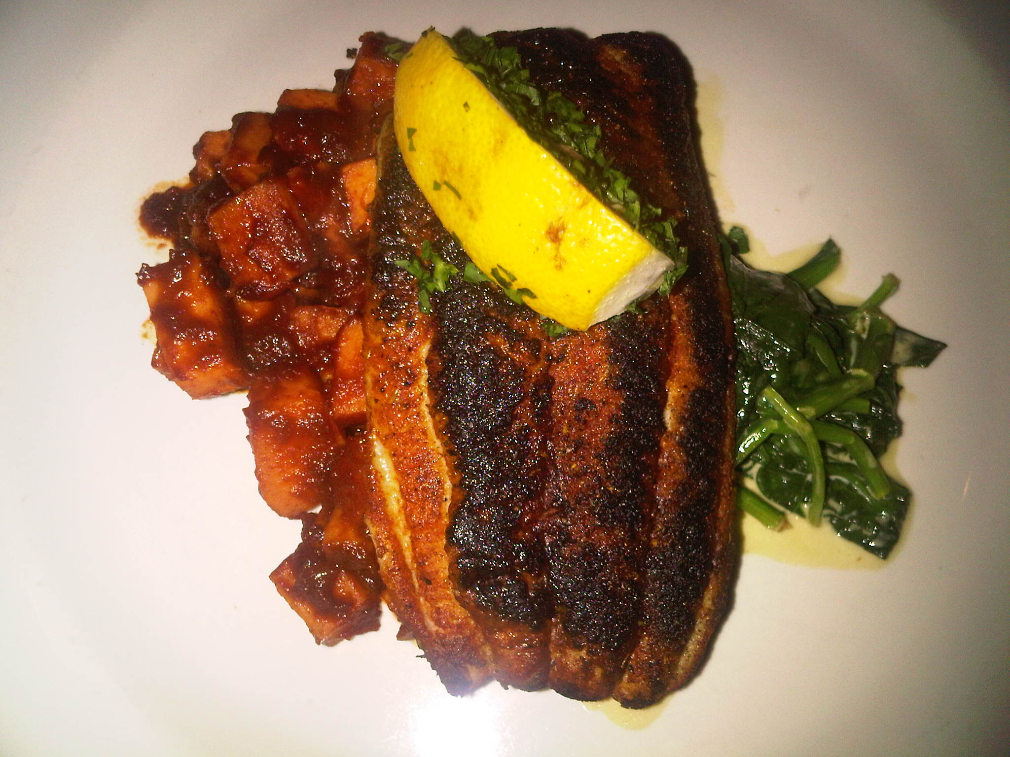Rothchilds Restaurant Cajun Catfish With Spinach And Barbecued Glazed Sweet Potatoes