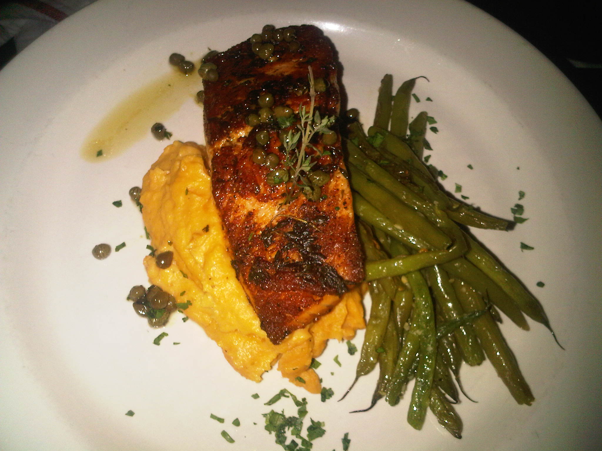 Rothchilds Restaurant Salmon With String Peas And Sweet Potato Mash